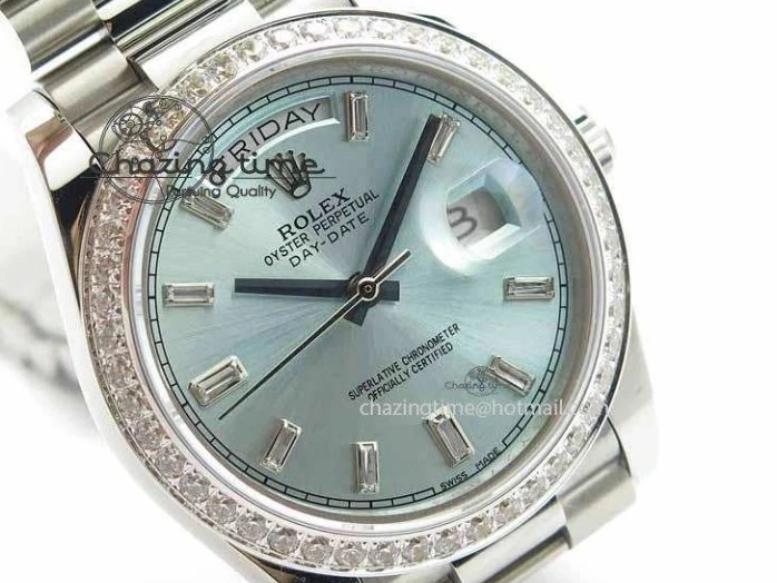 MiroTime 1218 Stylish Day Date 40mm SS BP Maker Best Edition Diamond Bezel Ice Blue Dial On SS Bracelet ETA 3699